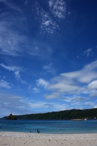 真夏日となり青空が広がった海岸＝３日、奄美市名瀬