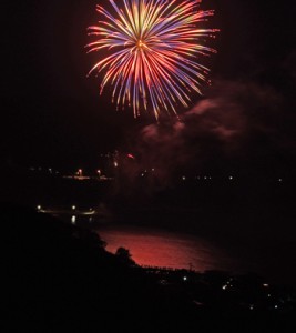 新型コロナの収束を願い打ち上げられた花火＝７日夜、奄美市笠利町赤木名