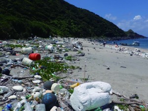 多くの漂着ごみが散乱した砂浜＝２８日、奄美市名瀬（提供写真）