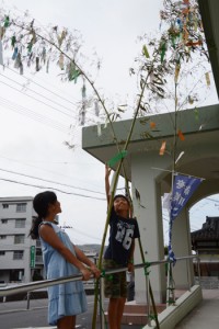 手作りのささ飾りや短冊を結び付ける利用者ら＝２５日、龍郷町浦