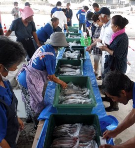 新鮮な海の幸を求める買い物客でにぎわったお魚祭り＝９日、天城町平土野