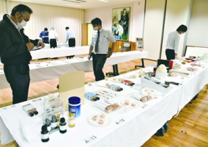 県内から１０８点の応募があった水産物品評会＝２６日、指宿市の県水産技術開発センター