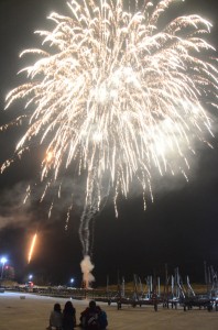 市集落の夜空に浮かび上がった大輪の花火＝２１日、奄美市住用町
