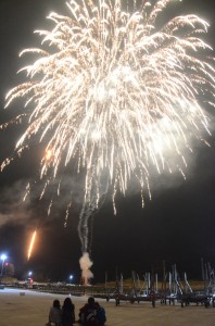 市集落の夜空に浮かび上がった大輪の花火＝２１日、奄美市住用町