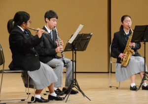 アンサンブル・器楽部門で三重奏を演奏する出場者＝６日、知名町あしびの郷・ちな