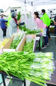 沖永良部島産の切り花などが並べられた直売市＝２０日、知名町