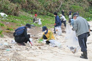 漂着ごみを回収する参加者ら＝２０日、徳之島町金見